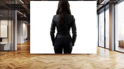 Woman with long dark hair is standing with her back to us, wearing a black leather jacket and jeans Wall mural