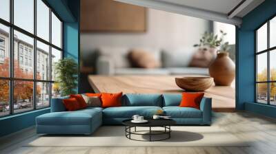 Wooden table living room cozy interior. Generate Ai Wall mural