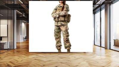 Young woman in military gear poses with crossed arms on a transparent background Wall mural