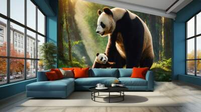 Big female giant panda bear and a panda bear cub in a sunny green forest. Motherhood of animal. Wall mural