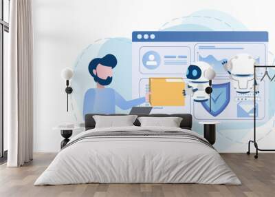 Human and a robot sharing a document and working together to develop and manage their work to success. Flat vector illustration with copy space. Wall mural