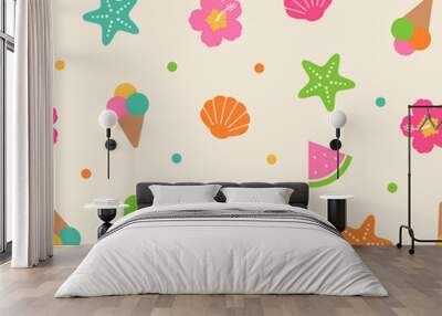 Cute summer icons pattern with dot background. Wall mural