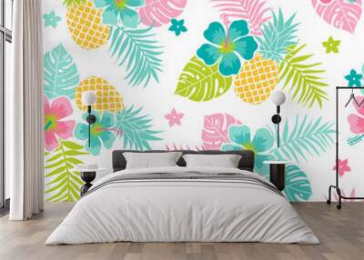 Hibiscus, pineapple and tropical leaf seamless pattern background. Wall mural