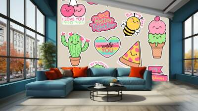 Set of girl fashion patches, cute cartoon badges, fun stickers design for love concept. Wall mural