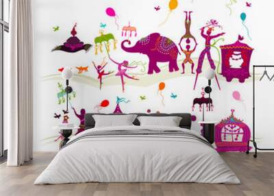 colorful circus carnival traveling in two rows on white backgrou Wall mural