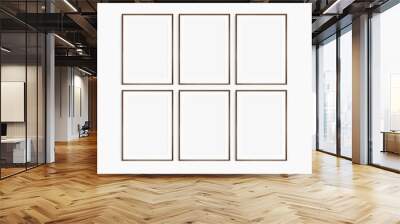 Frame mockup 5x7, 50x70, A4, A3, A2, A1. Set of six thin dark brown walnut wood frames. Gallery wall mockup, set of 6 frames. Clean, modern, minimalist, bright. Portrait. Vertical. Mat opening 2:3. Wall mural