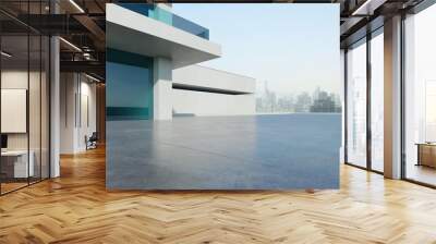  3d render of abstract modern architecture with empty concrete floor and city skyline background, car presentation background. Wall mural