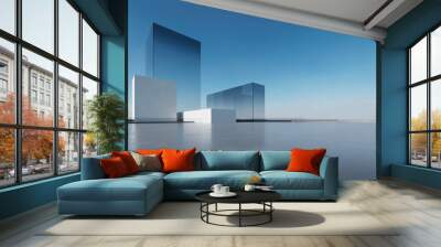 3d render of abstract futuristic glass architecture with empty concrete floor. Wall mural