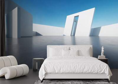 3d render of abstract modern architecture with empty concrete floor, minimal white exterior, car presentation background Wall mural