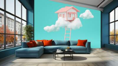 3d render of dream house on the clouds with ladder isolated on green. Wall mural