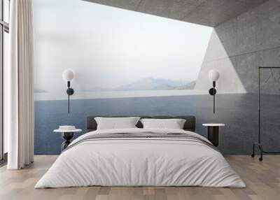 3d render of empty concrete room with large window on mountain background. Wall mural