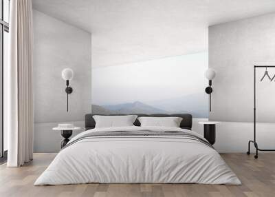 3d render of empty concrete room with large window on mountain background. Wall mural