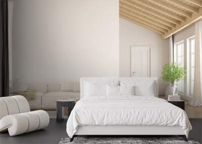 3d render of empty room with plain white wall and sofa on wooden laminate floor. Wall mural