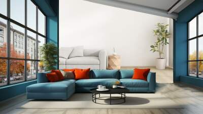 3d render of modern living room with sofa on wooden floor, Empty wall with large window on nature background.	
 Wall mural