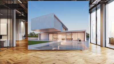 3d rendering of modern luxury house with swimming pool and marble terrace in the night time. Wall mural