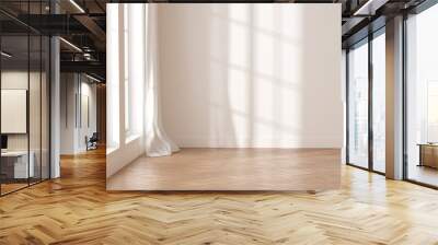 3D rendering of white empty room with wooden floor and sun light cast shadow on the wall.  Wall mural