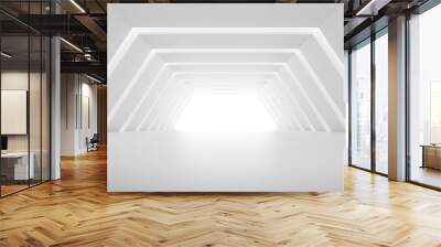 Abstract of white concrete tunnel with the light cast shadow on the wall ,Geometric structure,Perspective of brutalism  architecture,Museum space design. 3d rendering.	 Wall mural