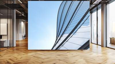 Low angle view of futuristic architecture, Skyscraper of office building with curve glass window, 3D rendering. Wall mural