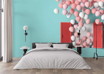 Minimal scene of red window and floating balloons on green wall background. 3d rendering. Wall mural