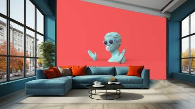 Minimal scene of sunglasses on human head sculpture with bubble gum, 3d rendering. Wall mural