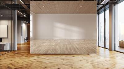 Mock-up of white empty room and wood laminate floor with sun light cast the shadow on the wall,Perspective of minimal inteior design on nature background. 3D rendering. Wall mural