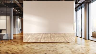 Mock-up of white empty room and wood laminate floor with sun light cast the shadow on the wall,Perspective of minimal inteior design on nature background. 3D rendering. Wall mural