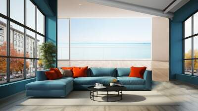 Perspective of empty modern living room on sea view background,The sun light cast shadow on the timber floor. - 3D rendering. Wall mural