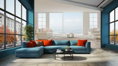 Perspective of modern luxury living room with white sofa and on city view background, warm timber interior design, architecture idea of large window system - 3D rendering. Wall mural