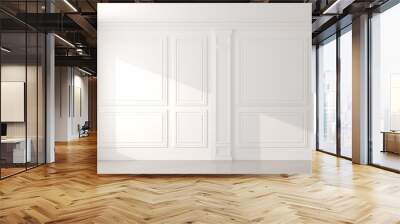 Perspective of the sun light cast the shadow on white empty room and  laminate wood floor,classic interior style.blank space architecture.3d rendering Wall mural