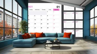 2021 calendar planner set for template corporate design week start on Sunday. Wall mural