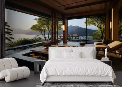 3D render interior design concept, Tranquil Japanese Resort by the Lake Natural background: A Serene Retreat and Relax with private Onsen space. travel and vacation background Wall mural