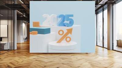 2025 new year with increasing arrow and stack of money as financial saving rising concept on white podium, increasing of interest rates, business profit growth concept, 3d rendering illustration Wall mural