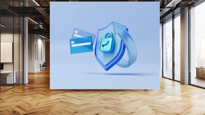 3d banking credit cards, shield indicating security and encryption, padlock. concept of banking oper Wall mural