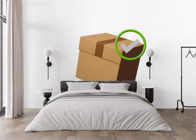 3D brown cardboard box with check mark for confirmed order delivery concept. Approval of shipment. Isolated on transparent background. Symbolizing successful delivery. 3d rendering illustration Wall mural