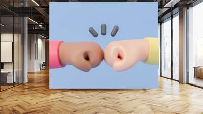 3d cartoon hand and partner giving fist bump hand, fist bump icon, two fists bumping each other, black and white interracial hands bumping fists, teamwork, partnership, friendship, 3d rendering. Wall mural