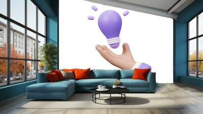 3D cartoon hand holding a light bulb isolated on transparent background. Employee with genius business idea. Plan strategy and solution concept. Thinking, good idea and creative. 3d rendering Wall mural