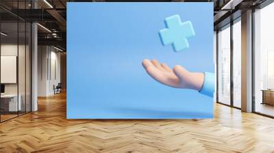 3d hand holding plus icon or medical care symbol. positive thinking mindset or healthcare insurance  Wall mural