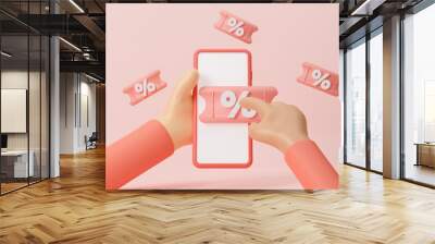 Hand holding smart phone with discount code concept on screen. Isolated on pink background, gift voucher and bonus for purchase. online shopping with sale coupon, mobile app promotion, 3d rendering Wall mural