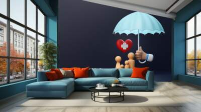 Happy family under the umbrella for family safety, life insurance or protection, Concept of health insurance or health care access to health welfare and copy space. Relationships in love. 3d render Wall mural