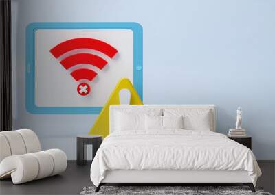 Network error warning, no wi-fi icon and disconnect symbol, lost wireless connection or disconnected cable, no wifi signal Internet, page not found on display smartphone screen, 3d render illustration Wall mural