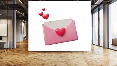 Pink mail envelope icon with flying hearts. Romantic love letter for Valentine's day concept. Love letter red heart origami on pink envelope isolated on transparent background. 3d render illustration Wall mural