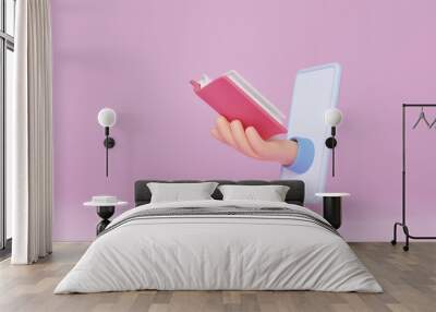 Reading books with an E-book with smartphone, concept of e-learning technology, education and e-learning. Digital reading, e-classroom textbook, modern education. Ebook digital library, 3d rendering Wall mural