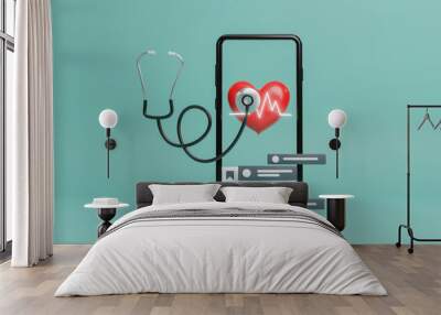 Telemedicine concept, mobile phone with healthcare app on chat in messenger. Online communicating the patient on VR medical interface with internet consultation technology. 3d rendering illustration Wall mural