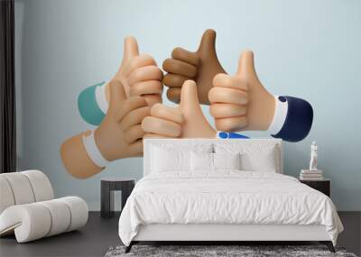 Thumbs up, team and success hand sign to show work community, Professional multicultural team demonstrates satisfaction and gives a positive response. teamwork and yes hands. 3d render illustration Wall mural