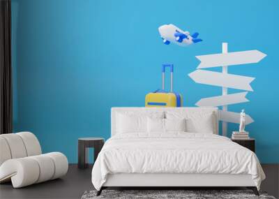 Tourism and travel planning tour and luggage with white signpost on pastel blue background. Leisure touring holiday concept. road sign, airplane, suitcase and coppy space. Business concept. 3d render Wall mural