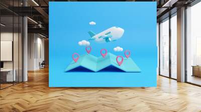 Travel concept. Airplane and time to travel banner. travel around the world. landmarks on the globe. Tourism and planning with flight plane. Creative idea with 3d design. Business concept. 3d render Wall mural