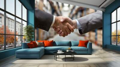 Businessmen shake hands in a warehouse, symbolizing a successful business deal Wall mural