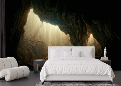 Dramatic light in dark cave landscape, mysterious and surreal, digital art Wall mural