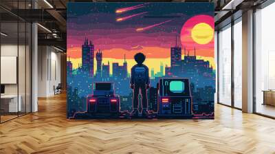 Nostalgic 80s arcade video games in pixel art minimal surrounded by retro futuristic aesthetics Wall mural