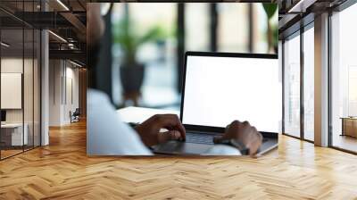 Over shoulder shot of a young man using computer laptop in front of an blank white computer screen in home Wall mural